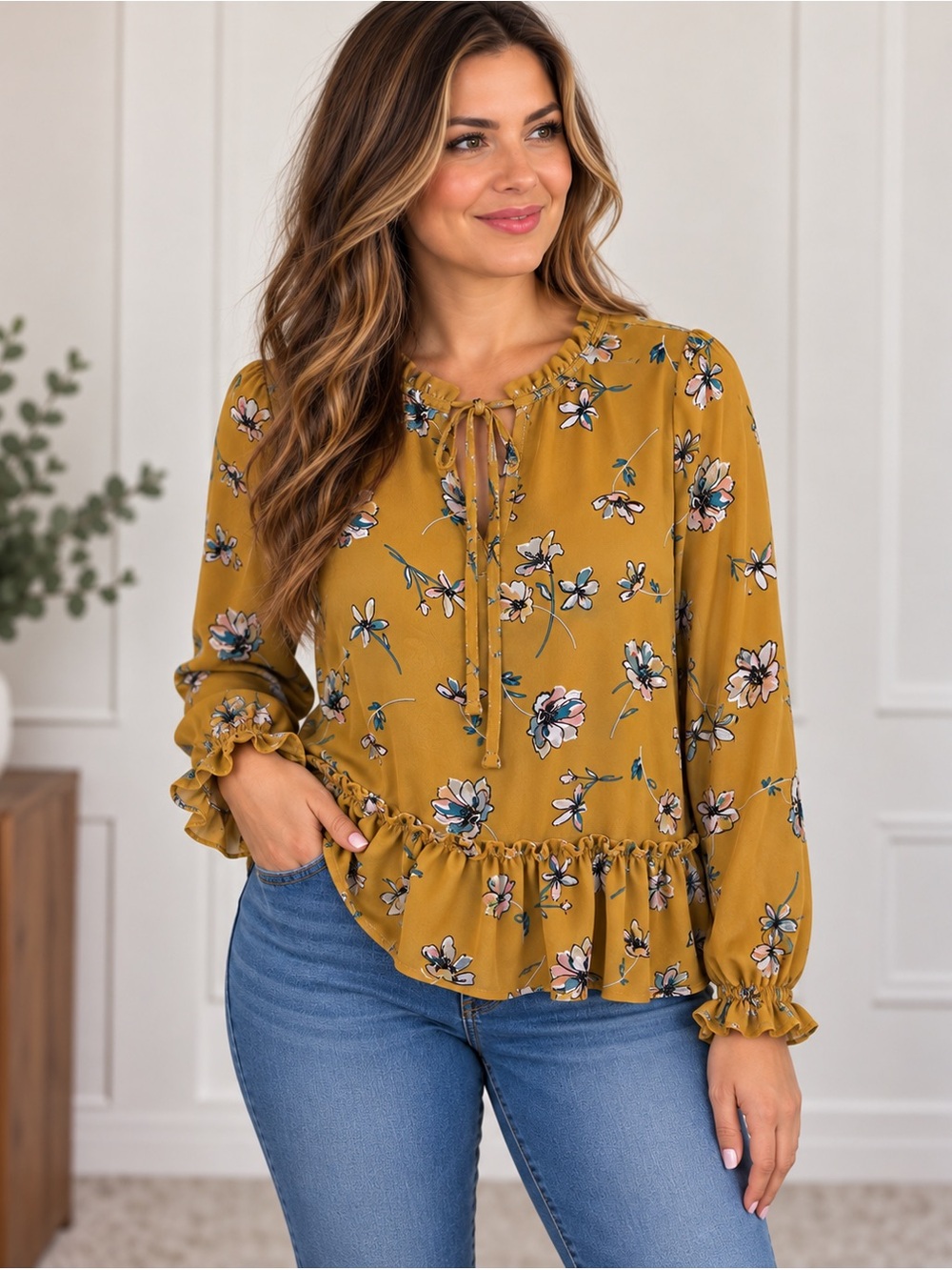 George Women's Mustard Yellow Floral Ruffle Hem Blouse XS
